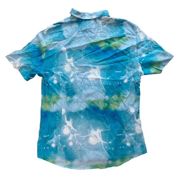 GUESS Shirt Mens L Blue Slim Fit Submerged Button-Up Short Sleeve Tropical Beach - Picture 9 of 10